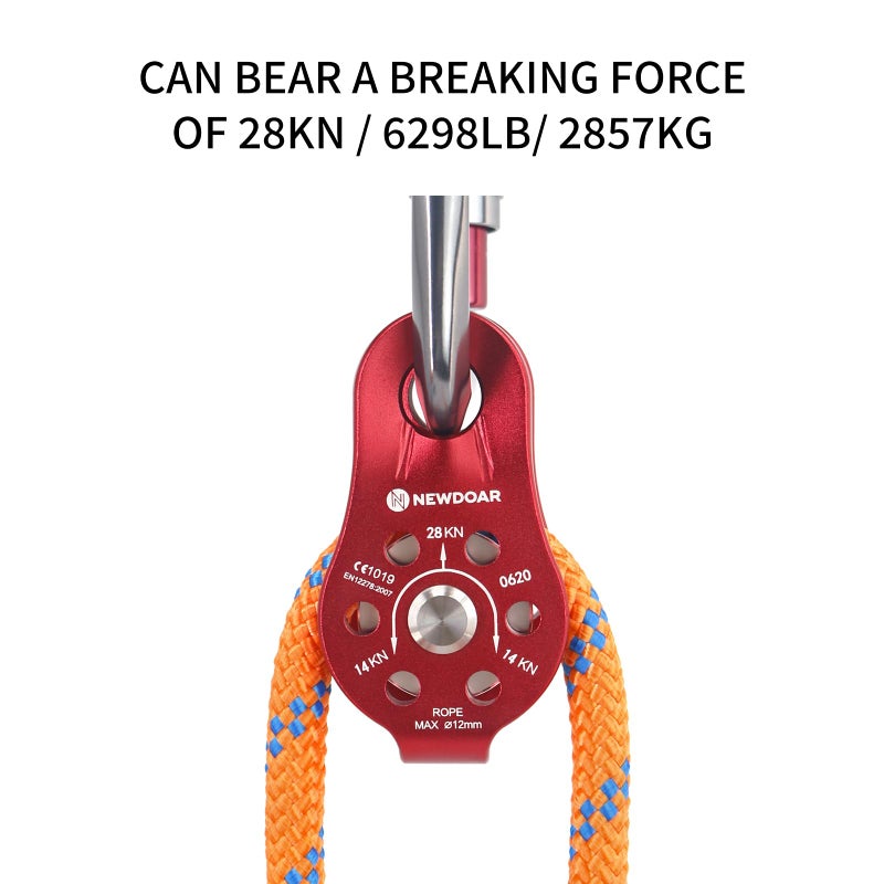 NewDoar Fixed Plate Micro Pulley,28KN CE Certified General Purpose Small Aluminum Rope Pulleys for Climbing/Aloft Work/Rappelling/Rescue Etc(28KN Red 2pcs) - Image 5